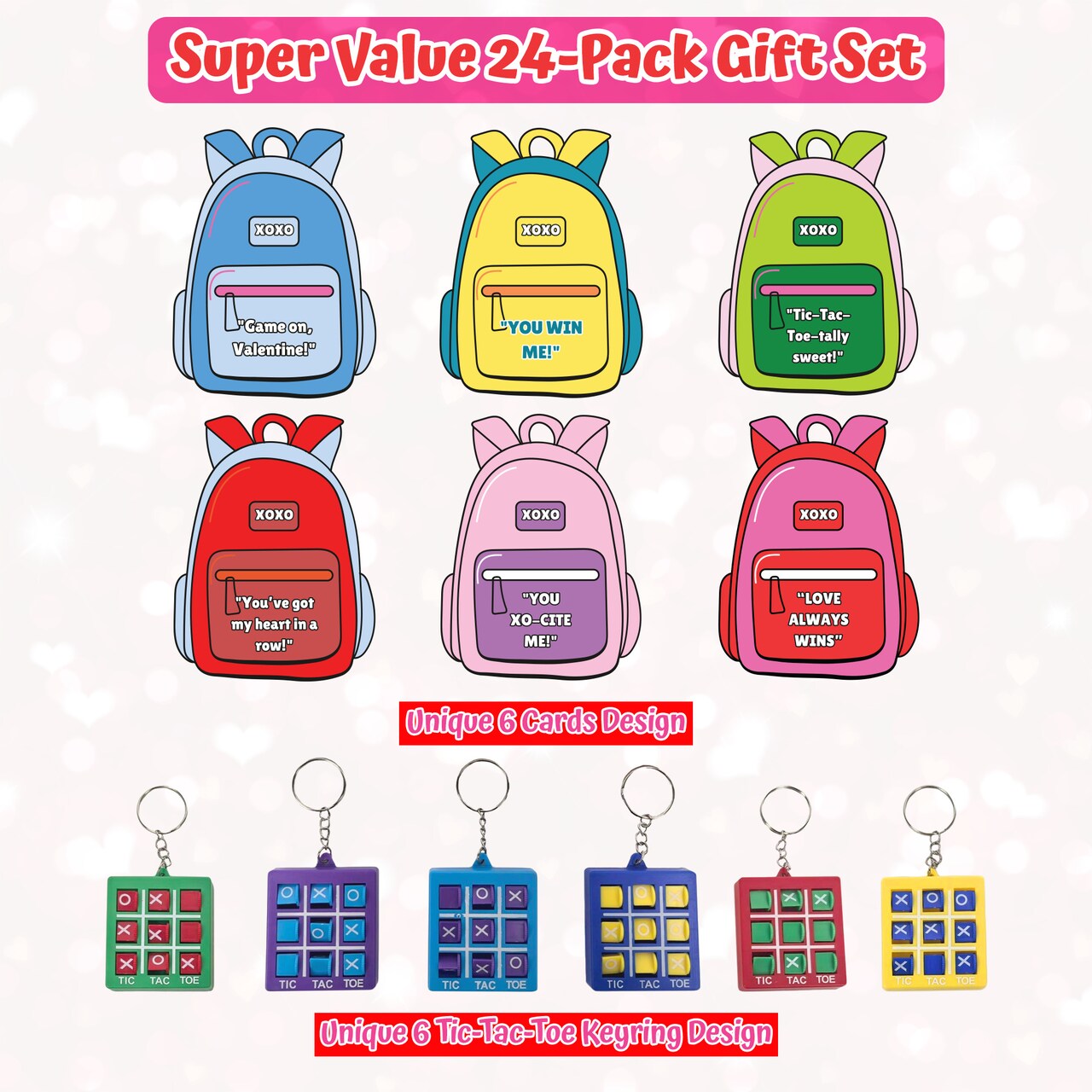 4E's Novelty 24 Pack Classroom Valentine Cards with Tic Tac Toe Keychains, Valentines Gifts for Kids School Valentines Classroom Exchange and Party Favors, Tic Tac Toe Valentine Fun Portable Games